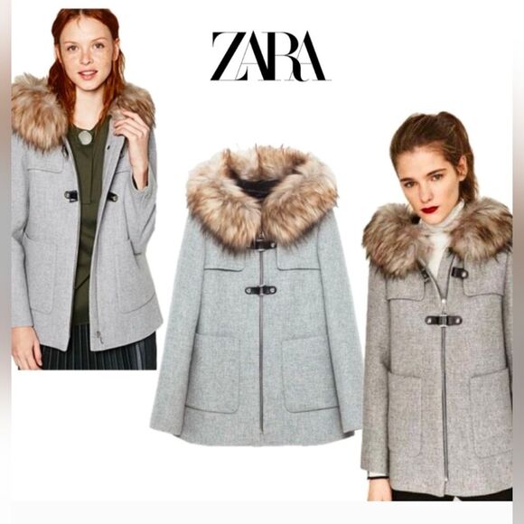 ZARA A-line Wool Duffle Coat jacket Gray detachable faux Fur Hood pockets size S - Picture 1 of 16